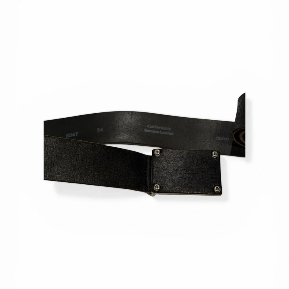 Vintage Aviator Black Leather Belt with Silver Plate Buckle